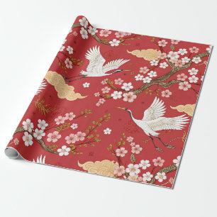 Red Crown Crane Sakura Pattern (2) Wrapping Paper