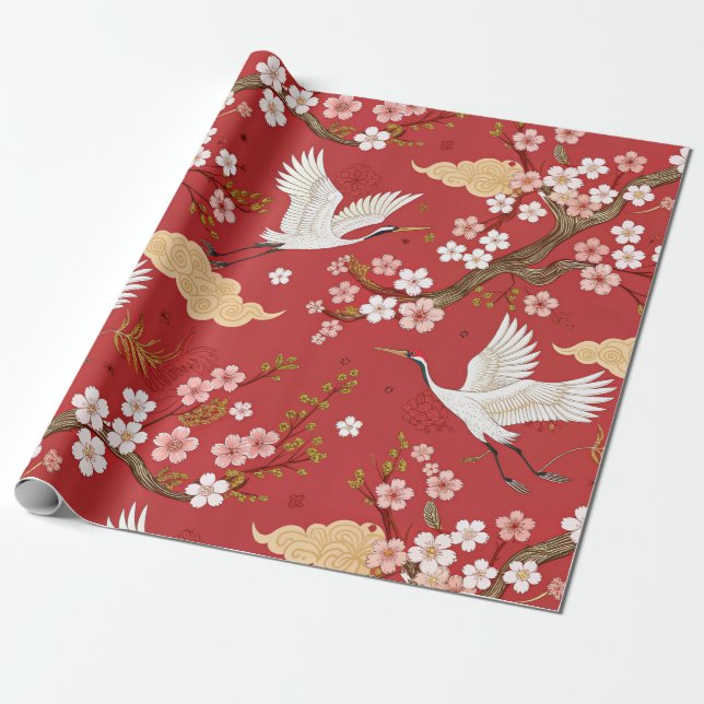 Red Crown Crane Sakura Pattern (2) Wrapping Paper (Unrolled)