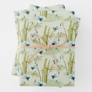 Red Crown Japanese Cranes With Bamboo Pattern Wrapping Paper Sheet