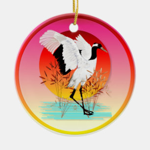 Red Crowned Crane and Setting Sun  Ornaments