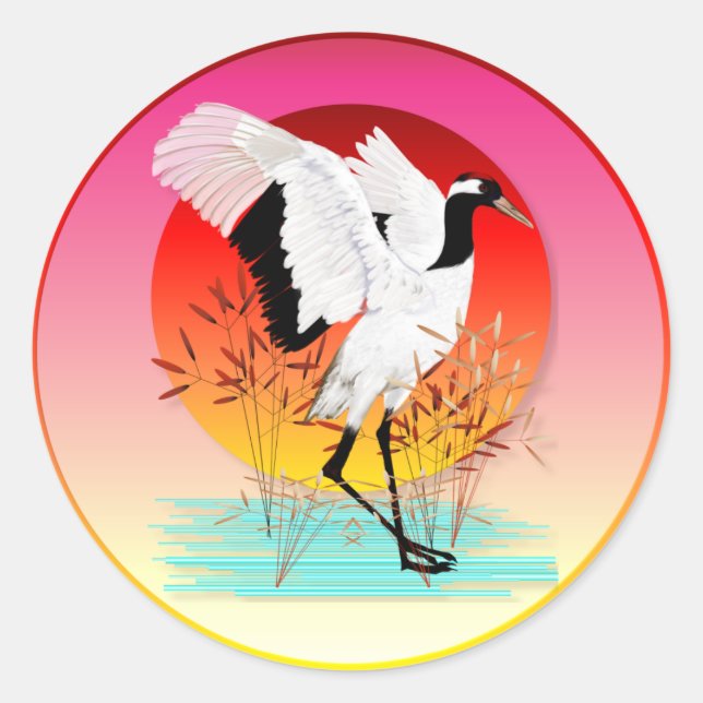 Red Crowned Crane and Setting Sun Stickers (Front)