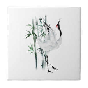 Red-Crowned Crane Bamboo Shoots Ceramic Tile
