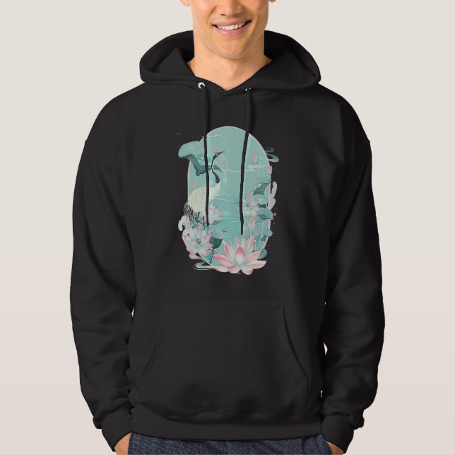 Red Crowned Crane Bird Water Lily Lotus Flower Chi Hoodie (Front)
