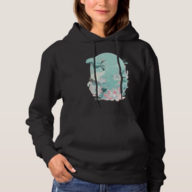 Red Crowned Crane Bird Water Lily Lotus Flower Chi Hoodie (Front)