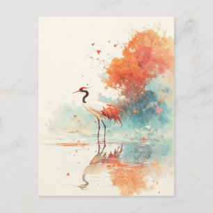 Red Crowned Crane in Autumn Teal Landscape Postcard