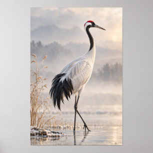Red-Crowned Crane in Misty Wetland Wildlife Wall A Poster