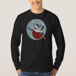 Red Crowned Crane Japanese Bird Tsuru With Flag Of T-Shirt