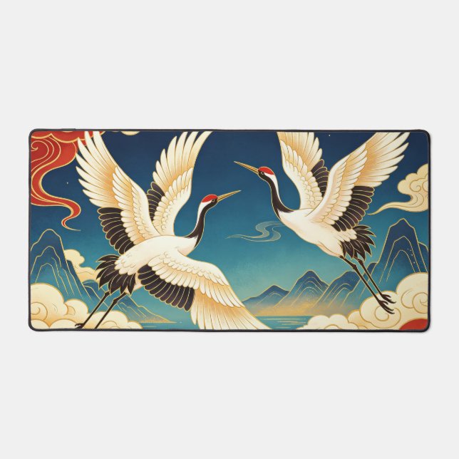 Red Crowned Crane Large Oriental Desk Mat (Front)