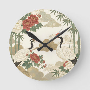 Red Crowned Crane Peony Bamboo Asian Round Clock