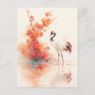 Red Crowned Crane with Orange Blossom Branch Postcard