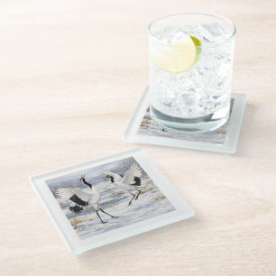 Red-crowned Cranes in Winter Glass Coaster