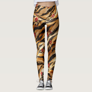 Red Crystal Rose Tiger Fabric Leggings