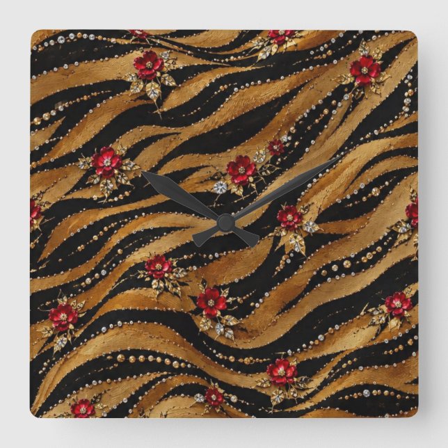 Red Crystal Rose Tiger Fabric Square Wall Clock (Front)