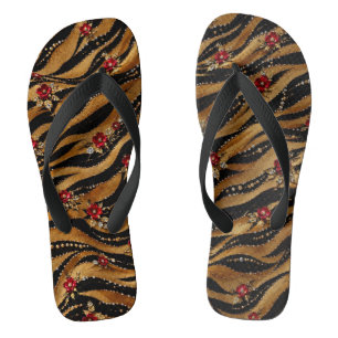 Red Crystal Rose Tiger Fabric Thongs