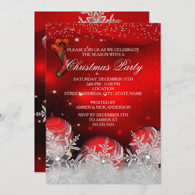 Red Crystal Snowflake Christmas Party Invitation (Front/Back)