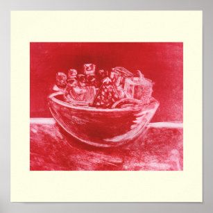 Red Cubism Still Life Fruit Bowl Printmaking Art Poster