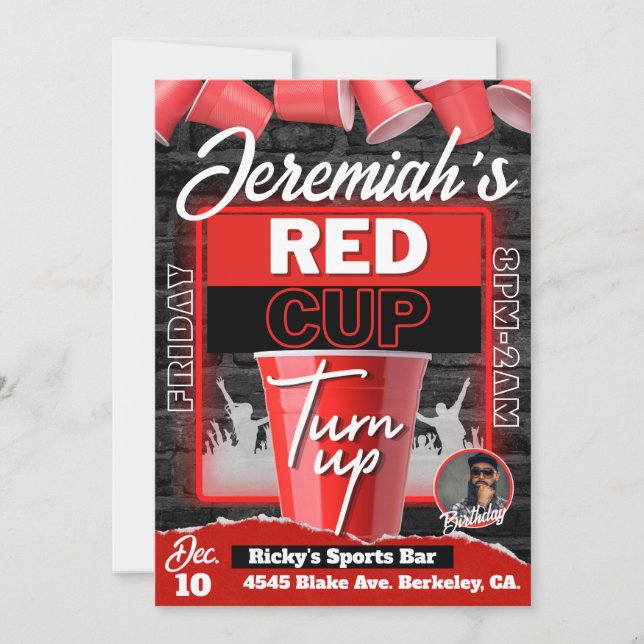 Red Cup Turn Up Grunge Style Birthday Party Photo Invitation (Front)