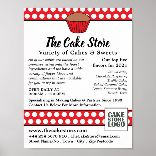 Red Cupcake & Polka Dot, Cake Store Advertising Poster (Front)