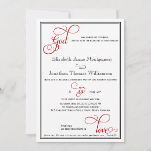Red Curly Script God is Love Christian Wedding Invitation