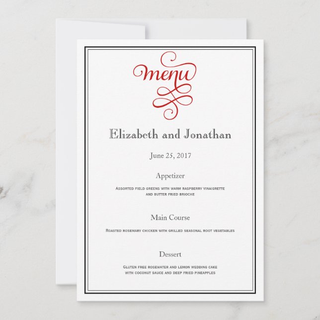 Red Curly Script Wedding Reception Menu Invitation (Front)
