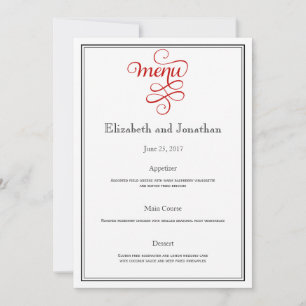Red Curly Script Wedding Reception Menu Invitation