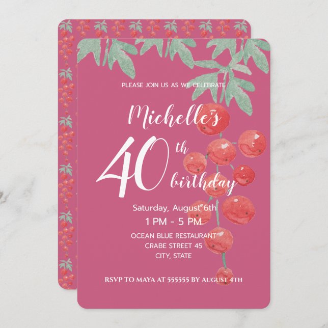 Red Currant Berries Watercolor Hand-painted Invitation (Front/Back)