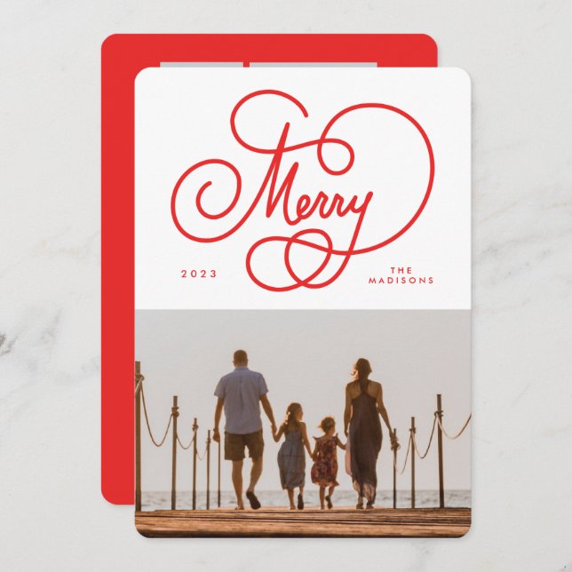 Red Cursive Colorful Merry Flourish Photo  Holiday Card (Front/Back)