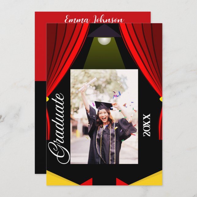 Red Curtain Black & Yellow Photo Graduation Grad Invitation (Front/Back)