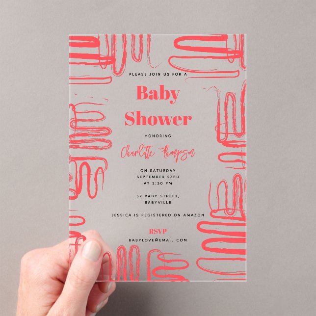 Red Curve Wavy Squiggle Abstract Baby Shower Acrylic Invitations (Insitu (Handheld))