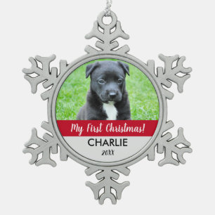 Red Custom Dog Photo Puppy's First Christmas Snowflake Pewter Christmas Ornament