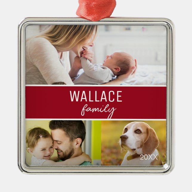 Red Custom Family photo collage Christmas Metal Ornament (Front)