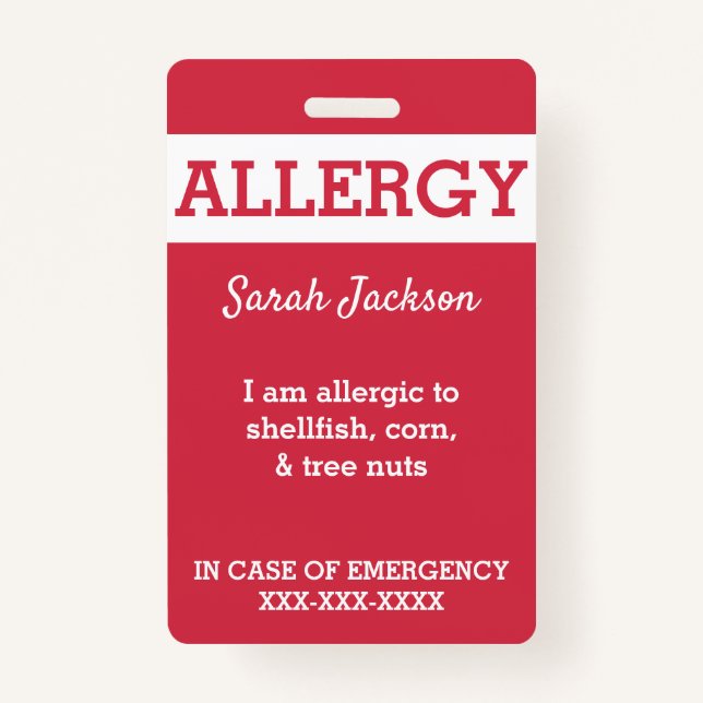 Red Custom Kids Food Allergy Alert Personalised ID Badge (Front)