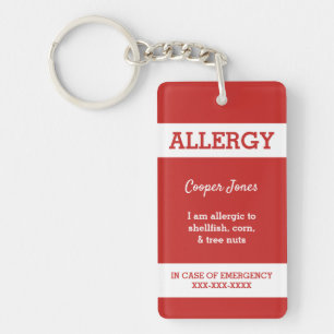 Red Custom Kids Food Allergy Alert Red Warning Key Ring