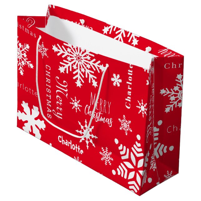 Red Custom Name Christmas Holiday Snow Large Gift Bag (Front Angled)