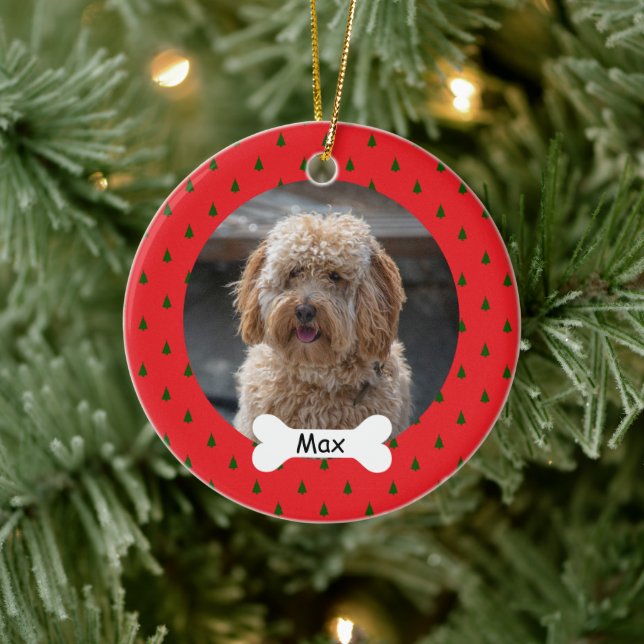 Red Custom Pet Puppy Dog Photo Ceramic Ornament (Tree)