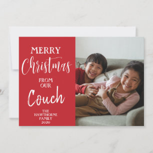 Red Custom Photo Quote: "Christmas from our Couch" Holiday Card