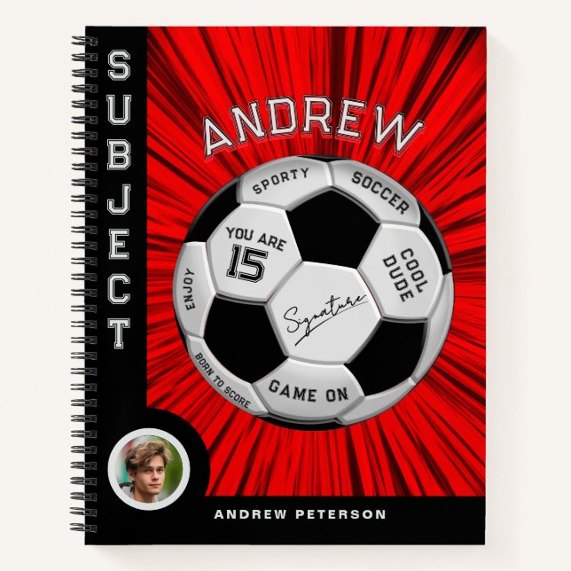 Red Custom Text Soccer Ball Birthday Notebook (Front)