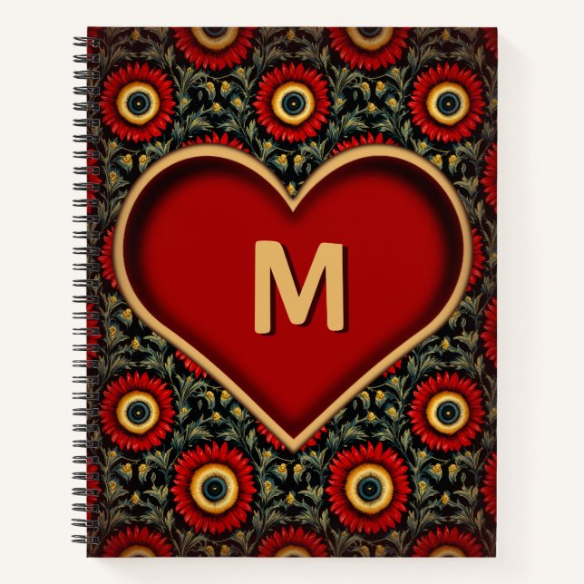 Red Customisable Vintage Monogram Heart Notebook (Front)