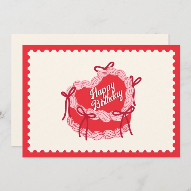 Red cute birthday cake heart bow holiday card (Front/Back)