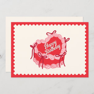Red cute birthday cake heart bow holiday card