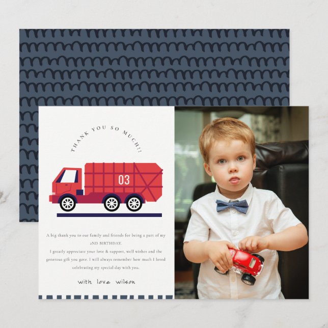 Red Cute Garbage Truck Kids Photo Any Age Birthday Thank You Card (Front/Back)