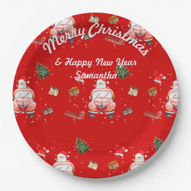 Red cute Happy Santa Christmas gift for wife Paper Plate (Front)