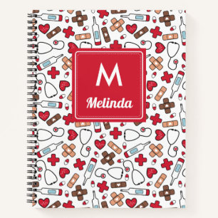 Red Cute Medical Pattern Nurse Monogrammed Notebook