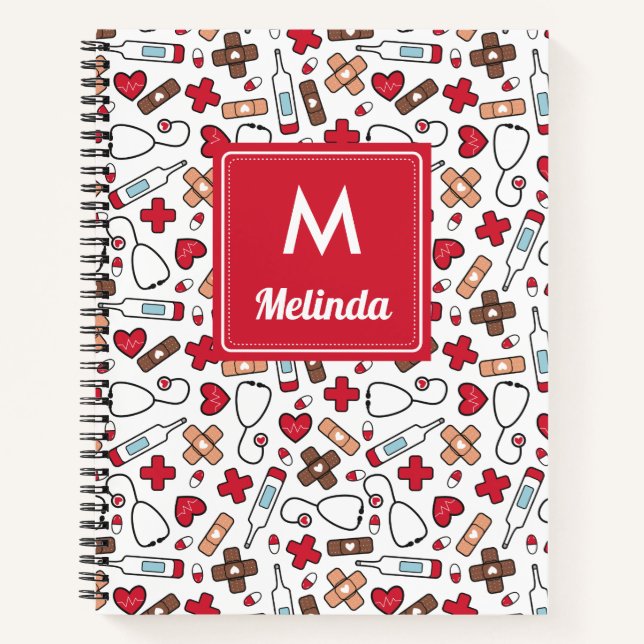 Red Cute Medical Pattern Nurse Monogrammed Notebook (Front)