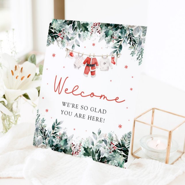 Red Cute Santa Baby Christmas Shower Welcome Sign (Watercolor Red Cute Santa Baby Christmas Shower Welcome Sign)