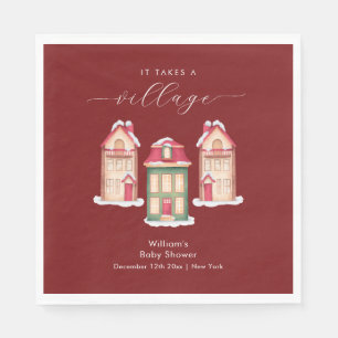 Red Cute Snow Gingerbread Village Baby Shower  Napkin