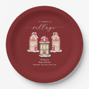 Red Cute Snow Gingerbread Village Baby Shower Paper Plate