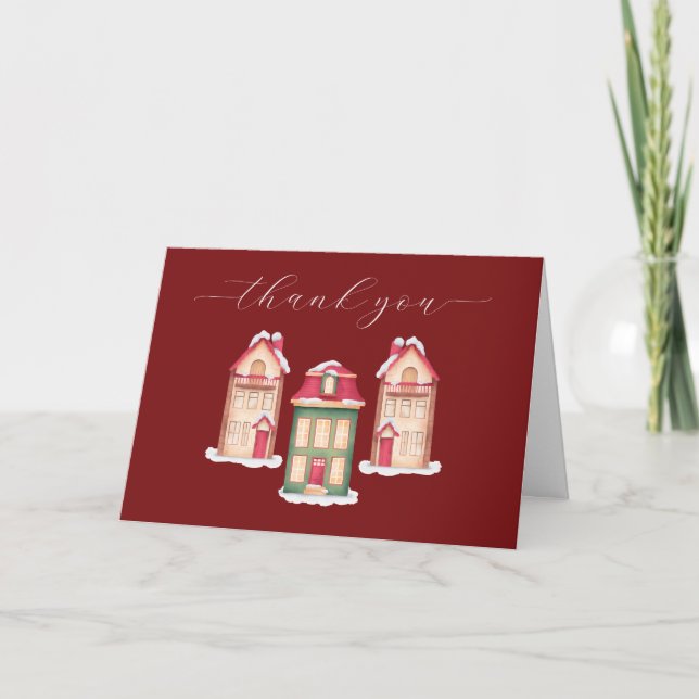 Red Cute Snow Gingerbread Village Baby Shower  Thank You Card (Front)