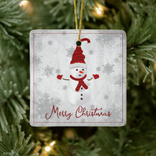 Red Cute Snowman Holiday Ceramic Ornament
