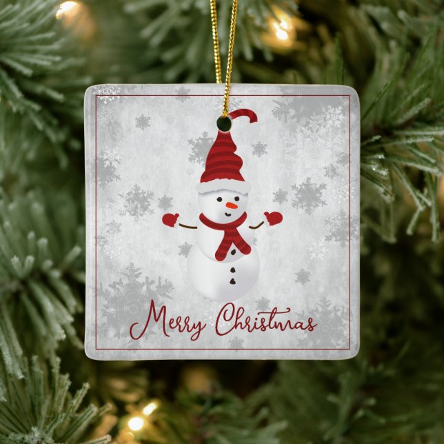 Red Cute Snowman Holiday Ceramic Ornament (Tree)